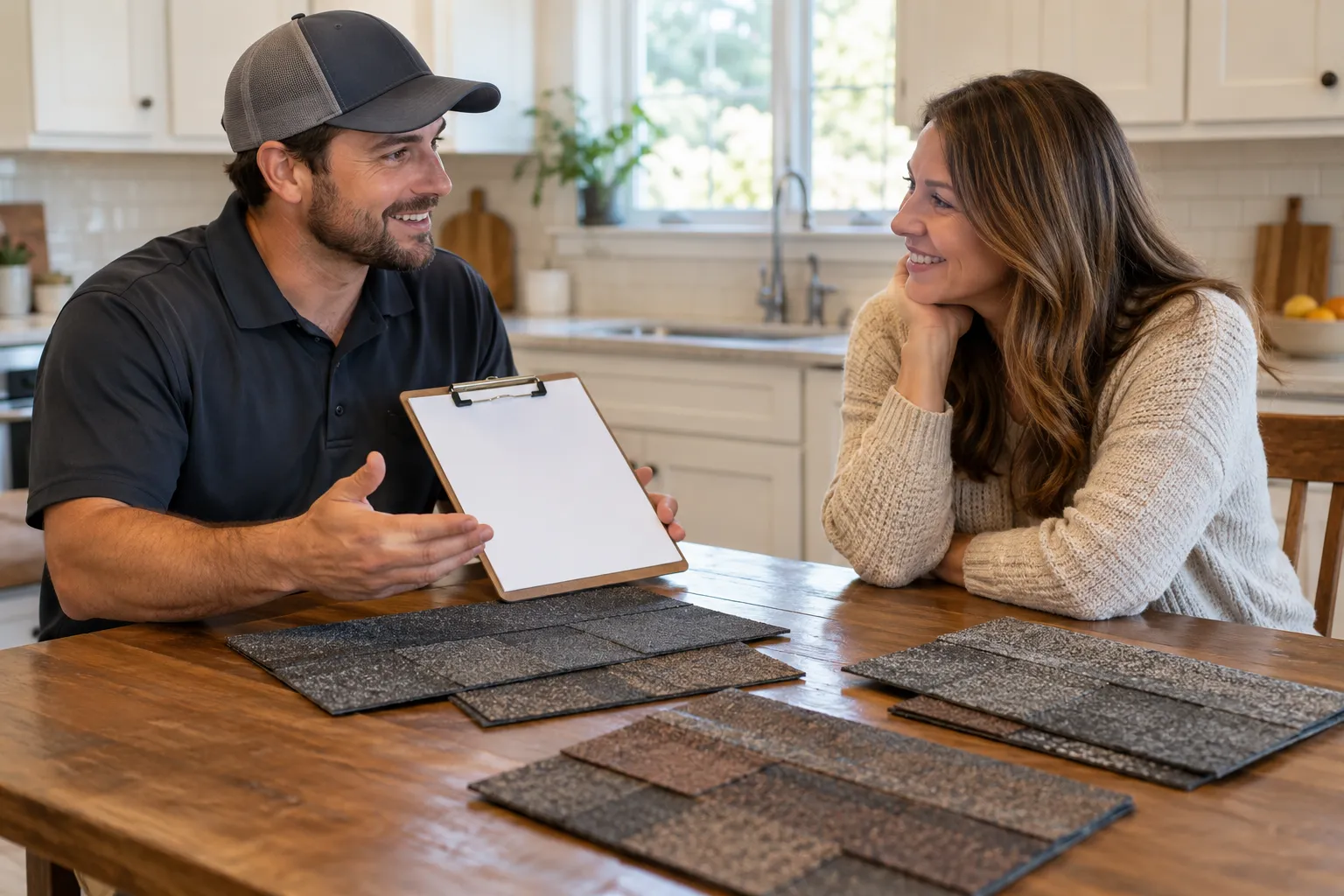 A provider talking with a homeowner about roof options near Mentor