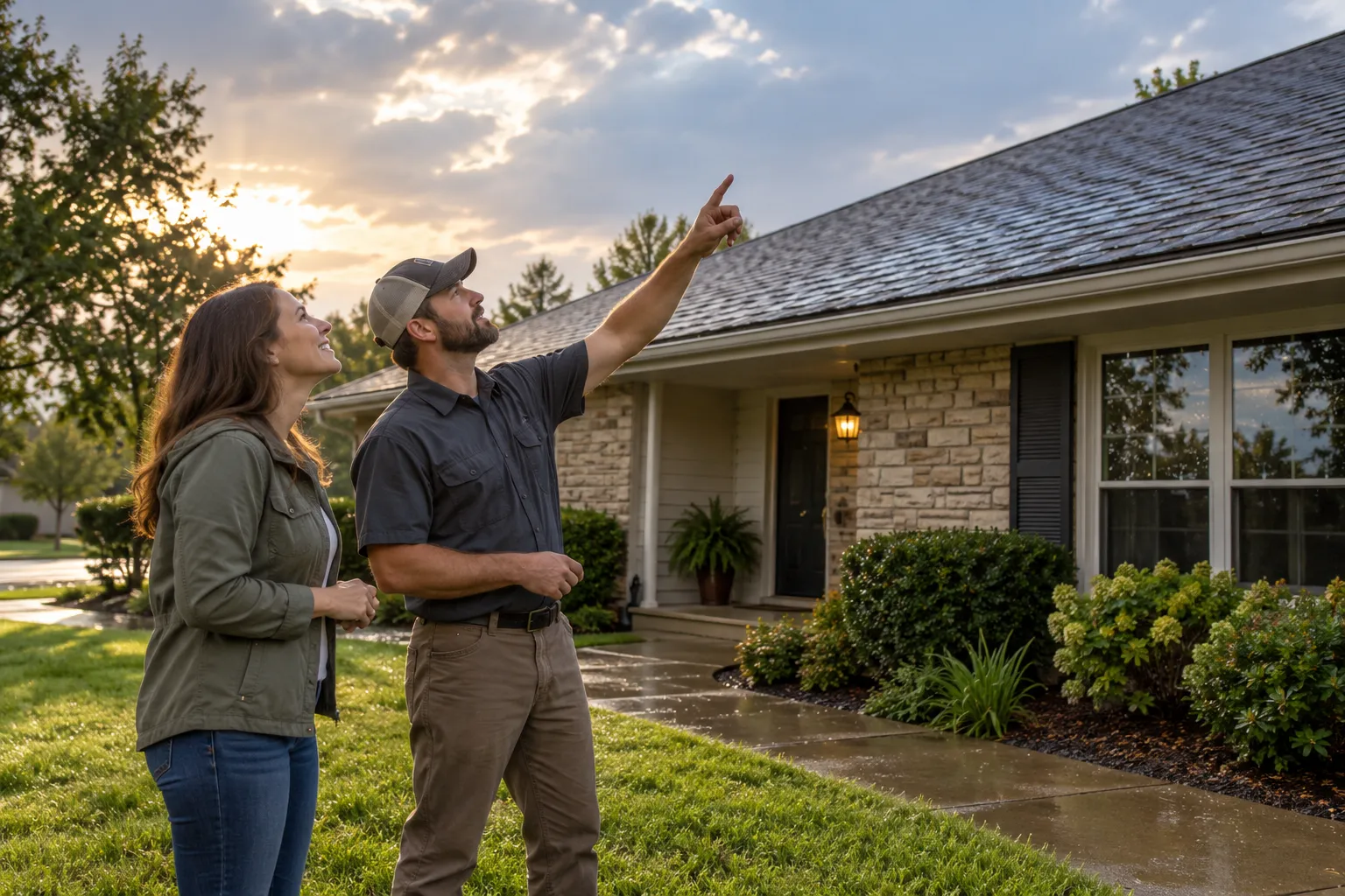 A homeowner and a roofing provider looking up at a house roof in Mentor after a storm
