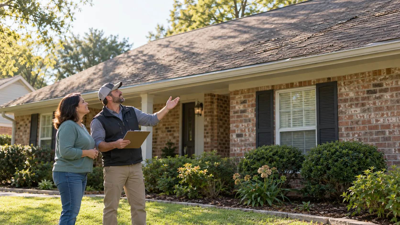A homeowner and a roofing provider talking on a lawn in front of a ranch home with an older shingle roof in Mentor